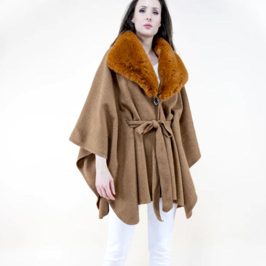 Camel Puffy Fur Shawl Belted Coat