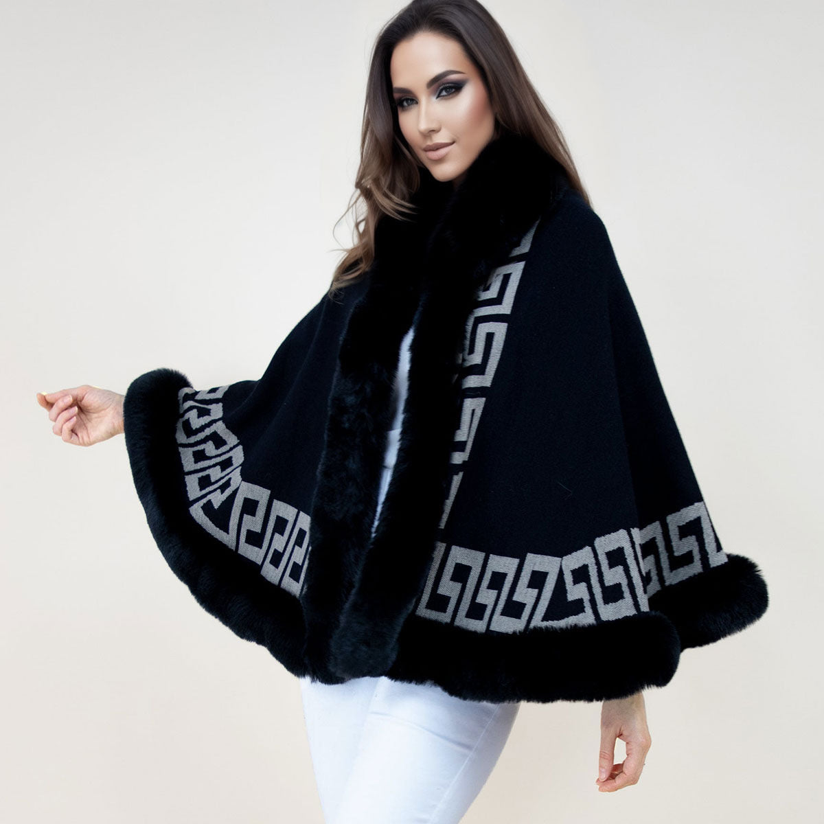 Shawl Cape Ruana Black Greek Fur Wrap for Women