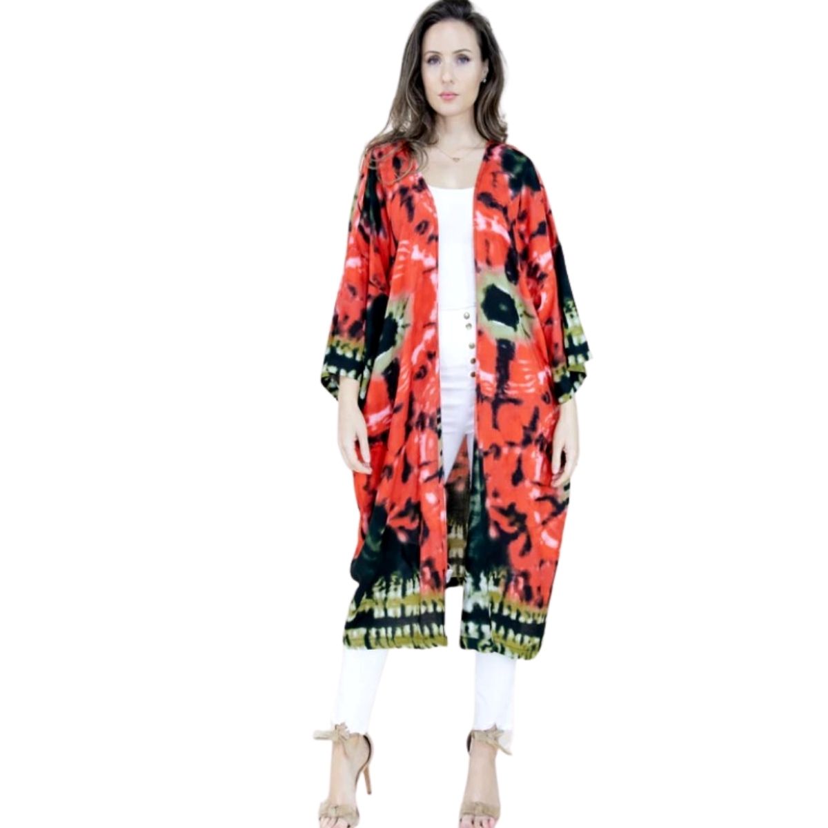 Red and Olive Tie Dye Long Kimono