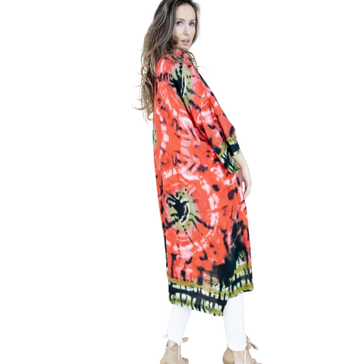 Red and Olive Tie Dye Long Kimono