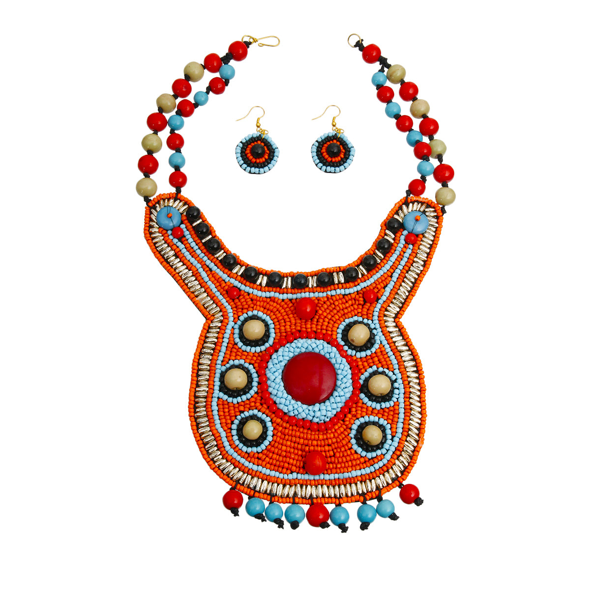 Orange Bead Bib Necklace Set with Blue Red and Green Bead Collar and Detail